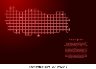 Turkey map silhouette from red mosaic structure squares and glowing stars. Vector illustration.
