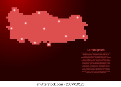 Turkey map silhouette from red square pixels and glowing stars. Vector illustration.