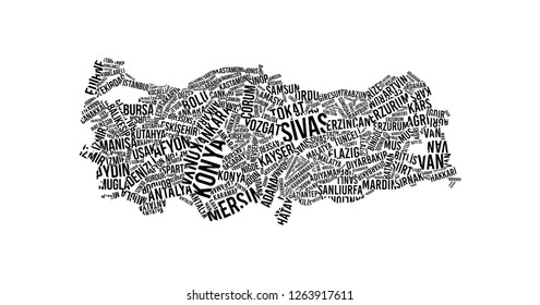 Turkey Map in Typography word cloud concept, names of city- Vector