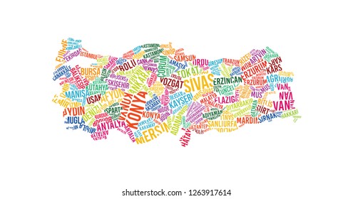 Turkey Map in Typography word cloud concept, names of city- Vector