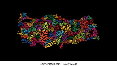 Turkey Map In Typography Word Cloud Concept, Names Of City- Vector