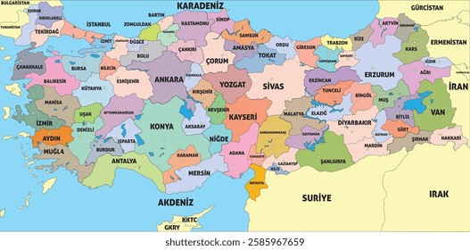 Turkey Map Vector New 2024 Colorful - Colorful and customizable layered political map of Turkey with administrative sections for website, education, reports, news, politics, print, posters and wallpap