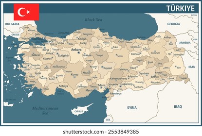 Turkey Map Vector NVintage Dark Blue Beige - Customizable layered political map of Turkey with administrative divisions for website, education, reports, news, politics, print, poster and wallpaper