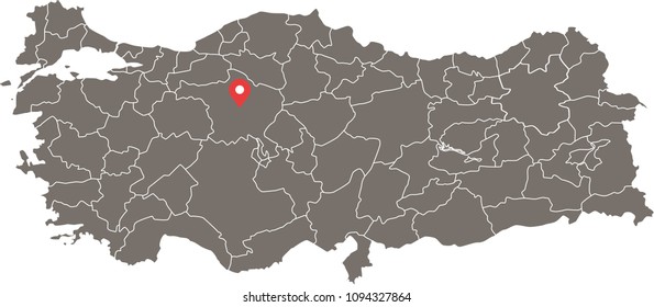 Turkey map vector outline illustration with provinces or states borders and capital location, Ankara, in gray background. Highly detailed accurate map of Turkey
