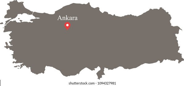 Turkey map vector outline illustration with capital location and name, Ankara, in gray background. The borders of provinces or states are not included on this map for aesthetic appeal.