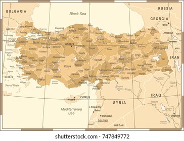 Turkey Map - Vintage Detailed Vector Illustration