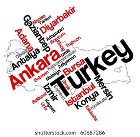 Turkey map and words cloud with larger cities