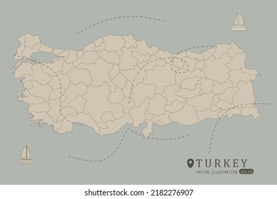Turkey Map - World Map International vector template High detailed with brown color isolated on grey background including simple point of location, wind, boat icon - Vector illustration eps 10