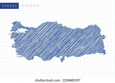 Turkey Map - World Map International vector template with blue outline graphic and pen drawing sketch style isolated on white grid background for design, website - Vector illustration eps 10