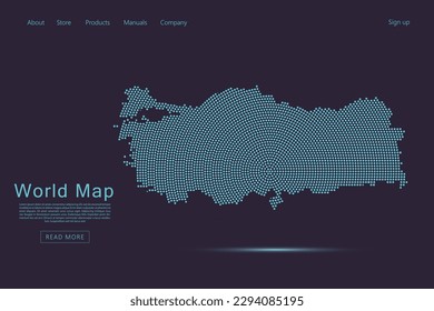 Türkische Karte - Weltkarte, Vektorvorlage mit blauen Punkten, Raster, Grunge, Halftone-Stil einzeln auf dunkelviolettem Hintergrund für Website, Infografik, Technologiedesign - Vektorgrafik eps10