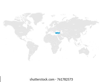 Turkey marked by blue in grey World political map. Vector illustration.