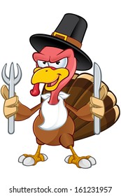 Turkey Mascot - Holding A Knife & Fork