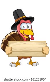 Turkey Mascot - Holding A Wooden Sign