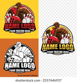 Turkey mascot and sport object logo. Illustration of Turkey playing bowling mascot logo. Professional bowling tournament badge logo design