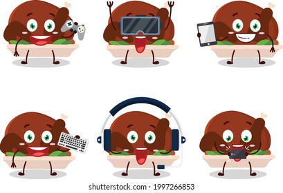 Turkey meat cartoon character are playing games with various cute emoticons. Vector illustration