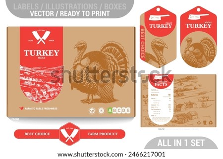 Turkey meat packaging design set featuring detailed hand-drawn illustrations, accents and informative labels. Perfect for farms, butchers, and supermarkets seeking a high-quality meat 