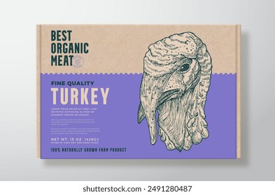Turkey Meat Vector Packaging Label Design on a Craft Cardboard Food Box Container. Modern Typography and Hand Drawn Domestic Poultry Bird Face Head Background Layout. Isolated