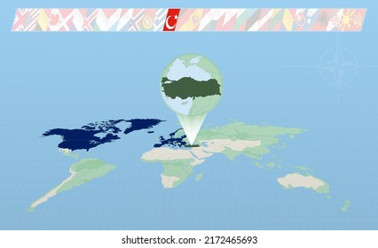 Turkey member of North Atlantic Alliance selected on perspective World Map. Flags of 30 members of alliance. Vector illustration.