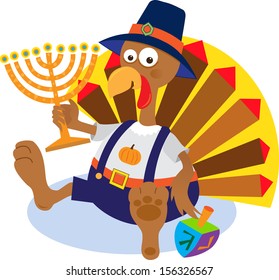 Turkey and Menorah - Cartoon turkey holding a menorah. Eps10