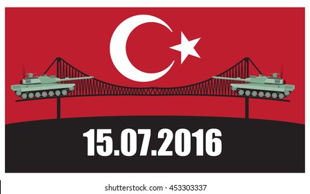 Turkey military coup. Military equipment. Tank against the background sign ban