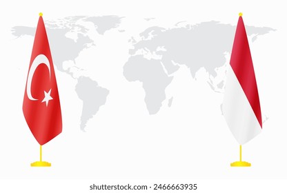 Turkey and Monaco flags for official meeting against background of world map.