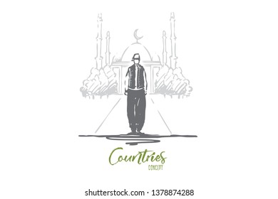 Turkey, mosque, country, traditional, tourism concept. Hand drawn Turkish man in traditional dress, mosque on background concept sketch. Isolated vector illustration.