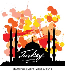 Turkey Mosque Silhouette with Grunge Ink Brushes Background. Exotic locations and travel destinations vector art