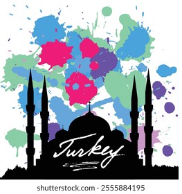 Turkey Mosque Silhouette with Grunge Ink Brushes Background. Exotic locations and travel destinations vector art