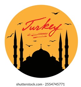 Turkey Mosque Silhouette in the Sunlight Round Sticker. Traveling and exotic locations vector art