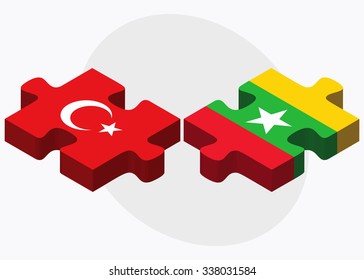 Turkey and Myanmar Flags in puzzle isolated on white background