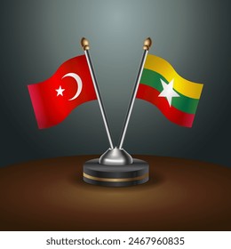 Turkey and Myanmar table flags relation with gradient backgrund. Vector Illustration