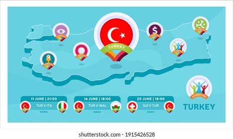 El equipo nacional de Turquía coincide con la ilustración vectorial de mapa isométrico. infografía de la etapa final del torneo de fútbol 2020 e información del país. Colores y estilo oficiales del campeonato