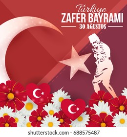 Turkey National Celebration Card, Badge, Banner or Poster Vector Design - English "August 30, Victory Day"