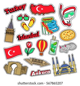 Turkey National Elements with Architecture and Flag. Vector Doodle