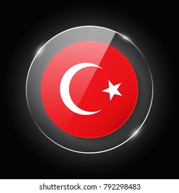 Turkey national flag. Application Language Symbol. Country of manufacture icon. Round glossy isolated vector icon with national flag button on glow background. Symbol of nation for infographics, web.