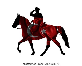 Turkey national flag pinned on stallion horse and officer silhouette