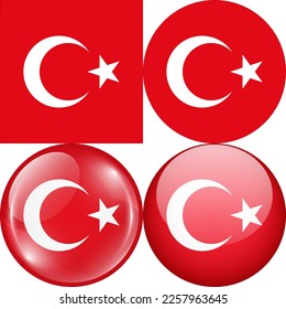 Türkiye (Turkey) National Flag Symbol Logo Icon, set of 1:1 Square, Round Circular Shape, Bubble and Button Design Vector Illustration Isolated on White Background