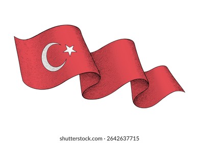 Turkey national flag waving ribbon shape with engraved vintage texture