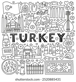 Turkey national landmarks and attractions in doodle style isolated on white background. Welcome poster. Turkish tourism concept.