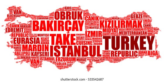 Turkey national map silhouette vector tag cloud illustration