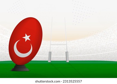 Turkey national team rugby ball on rugby stadium and goal posts, preparing for a penalty or free kick. Vector illustration.