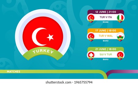 turkey national team Schedule matches in the final stage at the 2020 Football Championship. Vector illustration of football euro 2020 matches.