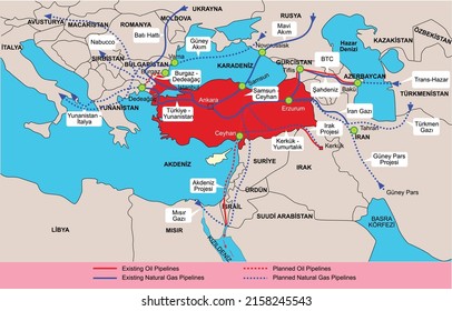 Turkey Natural Gas Pipelines Map - Countries from which natural gas comes to Turkey