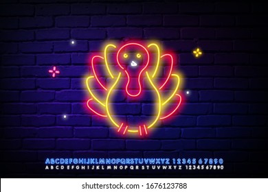 Turkey neon sign. Thanksgiving Day and advertisement design. Night bright neon sign, colorful billboard, light banner. Vector illustration in neon style.