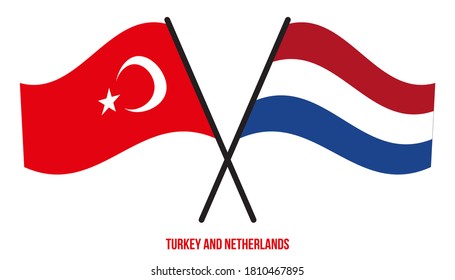 Turkey and Netherlands Flags Crossed And Waving Flat Style. Official Proportion. Correct Colors.