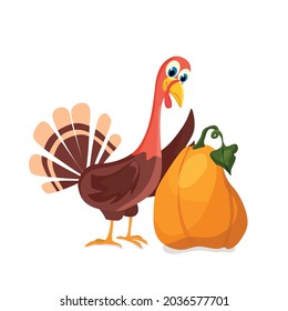 Turkey next to a pumpkin. Vector illustration.