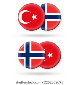Turquía y Noruega rodean banderas. Icono 3d. Símbolos turcos y noruegos redondos. Ilustración vectorial.