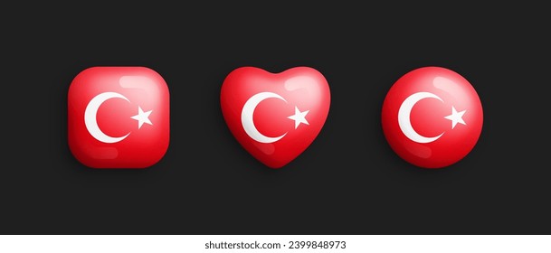 Iconos Glossy De Vector 3D De Bandera Nacional De Turquía En Cuadrado Rodeado, Forma De Corazón Y Círculo Aislado En Fondo. Signo turco y símbolos Diseño gráfico Elementos Botones volumétricos Colección