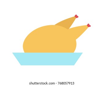 Turkey on blue dish delicious holiday crispy poultry meat vector illustration isolated on white. Fried whole chicken on plate, cartoon style