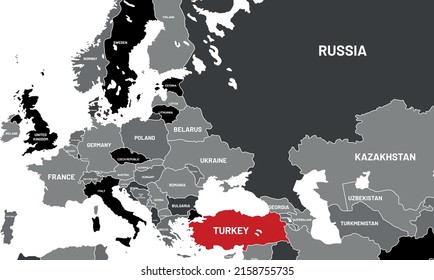 Turkey on Europa Vector map. Turkey colored differently from other countries. Black and white map of Europe